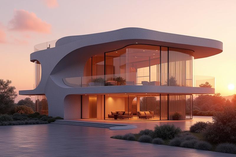 Eine hyperrealistische 3D-Visualisierung eines modernen Gebäudekonzepts bei Sonnenuntergang.