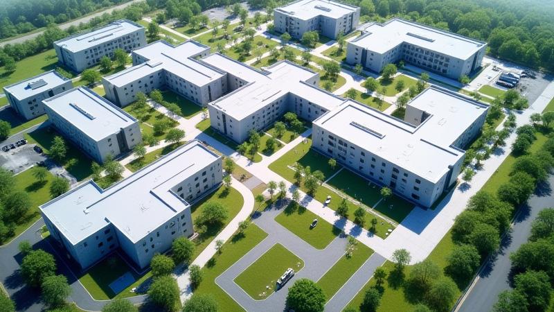 Ein moderner Schulcampus mit mehreren Gebäuden und Freiflächen aus der Vogelperspektive.