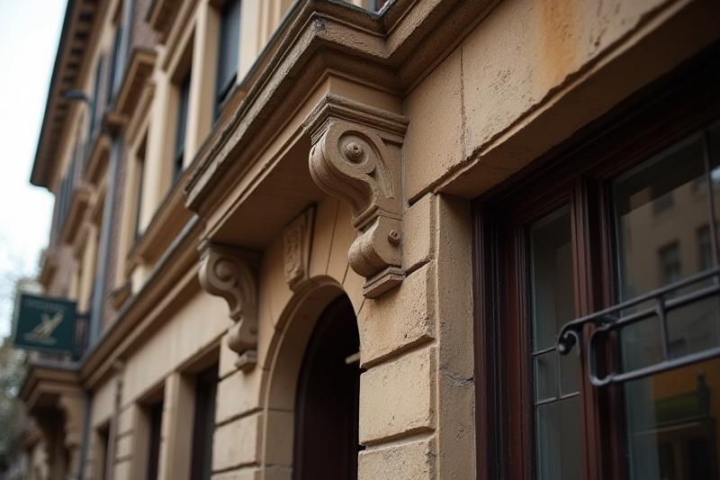 Detailansicht einer sorgfältig sanierten historischen Fassade mit erhaltenen Originalelementen.