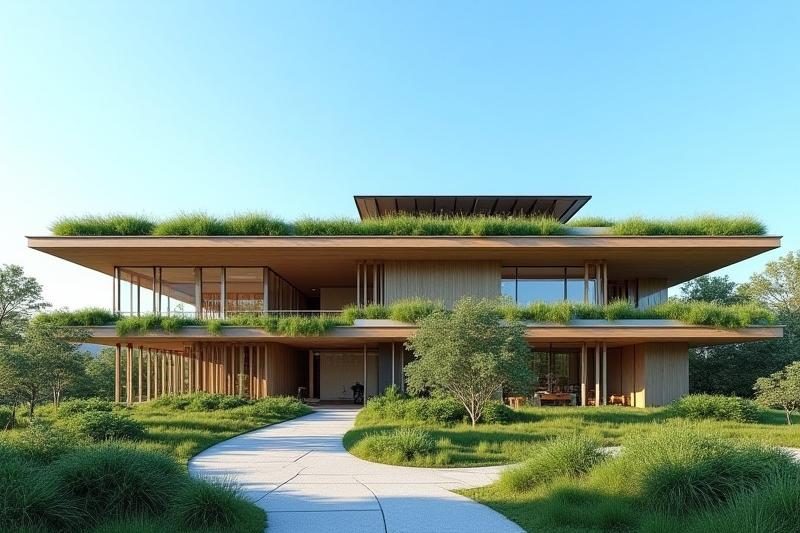 Moderne, energieeffiziente Architektur mit Gründach und Solarpaneelen unter blauem Himmel.