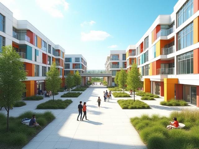 Modernes Schulgebäude mit großen Fenstern und offenem Vorplatz