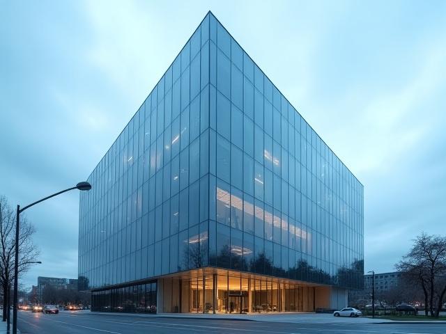 Elegantes Bürogebäude mit minimalistischer Fassade in der Dämmerung
