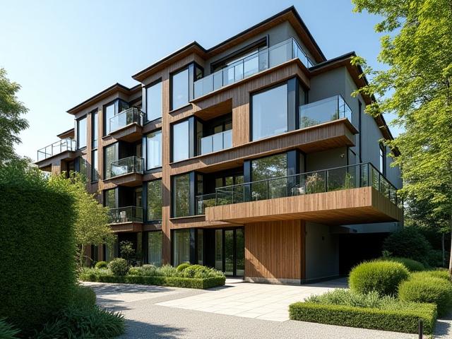 Modernes Wohngebäude mit verglaster Fassade und grüner Umgebung