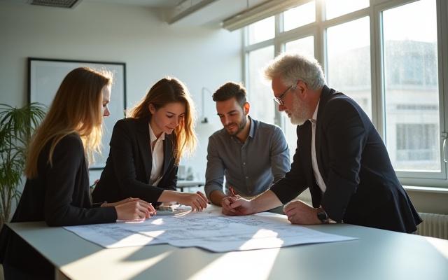 Team of architects collaborating in a modern, light-filled office, demonstrating Lumenstift's philosophy of enlightened design.